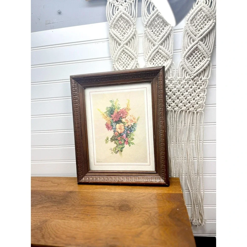 Vintage Floral Print in Wooden Frame - 1976 D.A.C. NY